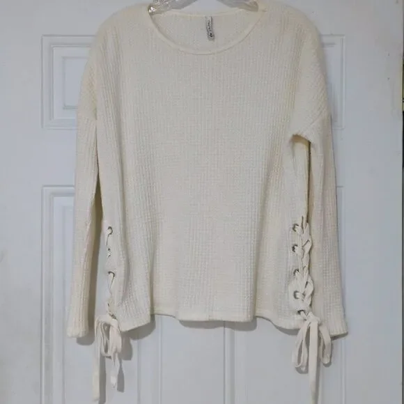 Z Supply Top Women's Thermal Waffle Knit Boho Laced Side Ties Oversized Cozy XS - Picture 6 of 13